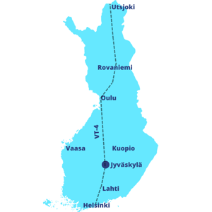 Suomen kartta, jossa Jyväskylä, Helsinki, Lahti, Kuopio, Vaasa, Oulu, Rovaniemi ja Utsjoki merkittynä. Kartassa havainnollistettu myös VT-4